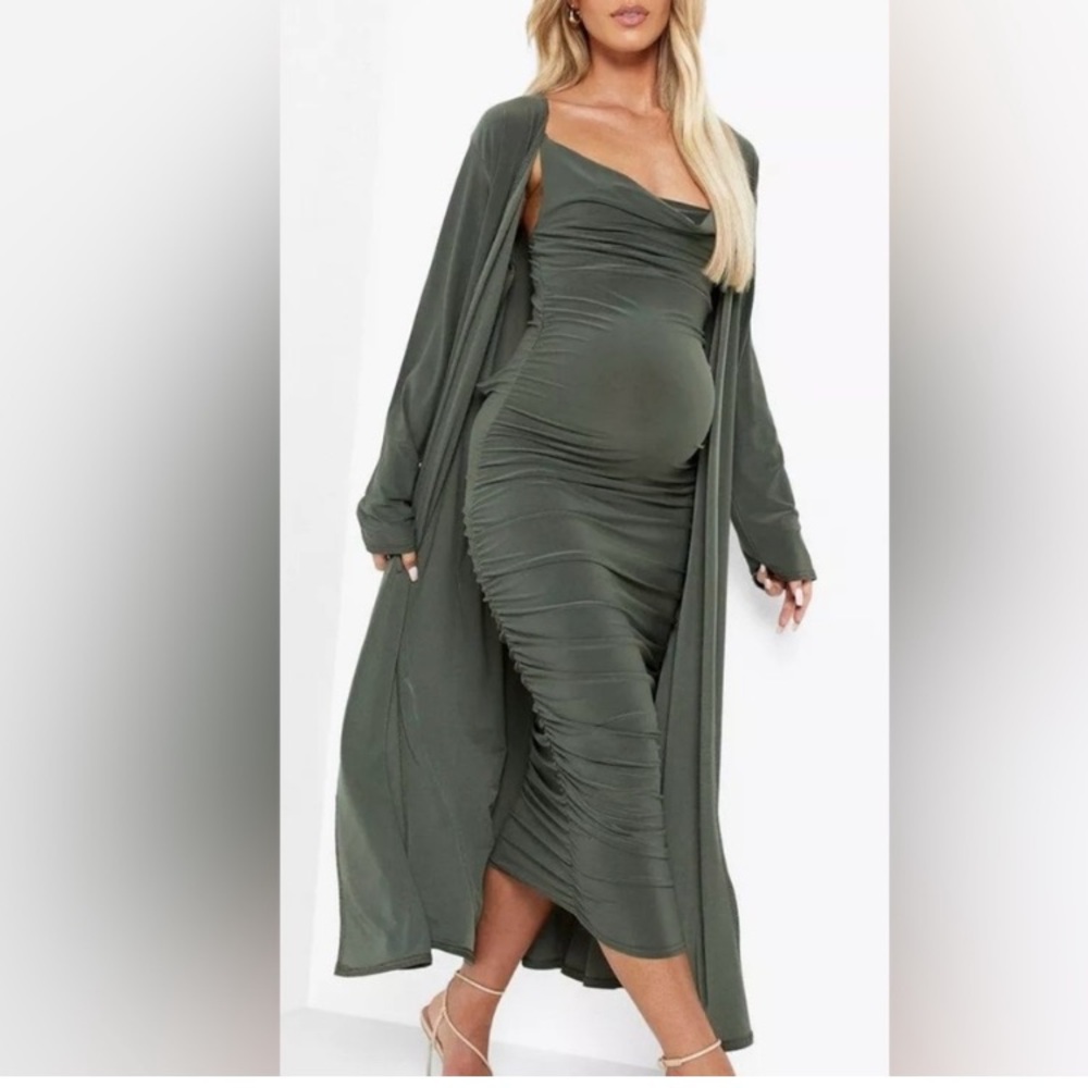 Boohoo Olive Green Ruched Maternity Midi Dress size 6